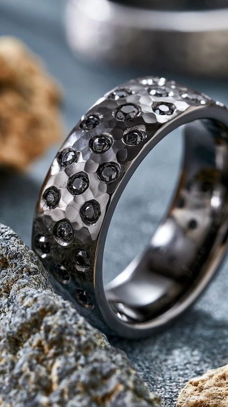 Hammered black men’s wedding band with scattered black diamonds in a bold textured luxury close-up composition