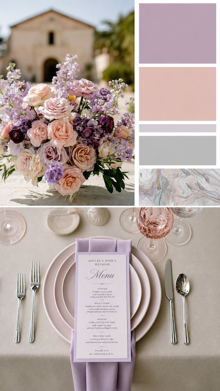 Wedding color palettes: 25 combinations that actually work 16 Soft lavender and blush wedding palette with romantic florals, elegant menu card, and timeless pastel tablescape