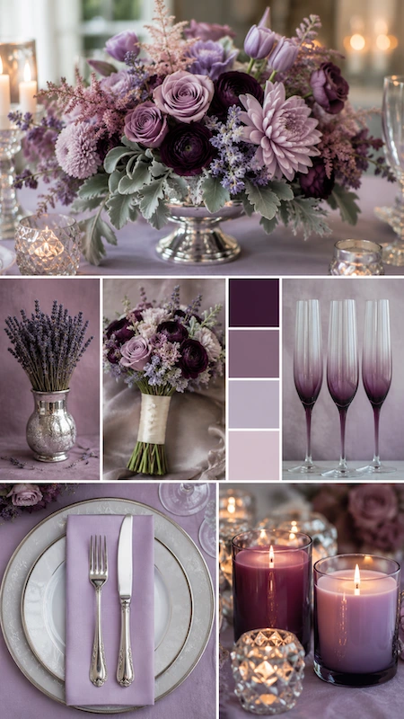 Wedding color palettes: 25 combinations that actually work 14 Lavender wedding mood board with purple florals, taper candles, ombré champagne flutes, and romantic tablescape