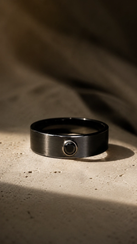Matte black men’s wedding band with bezel-set black diamond resting in warm light on a textured stone surface