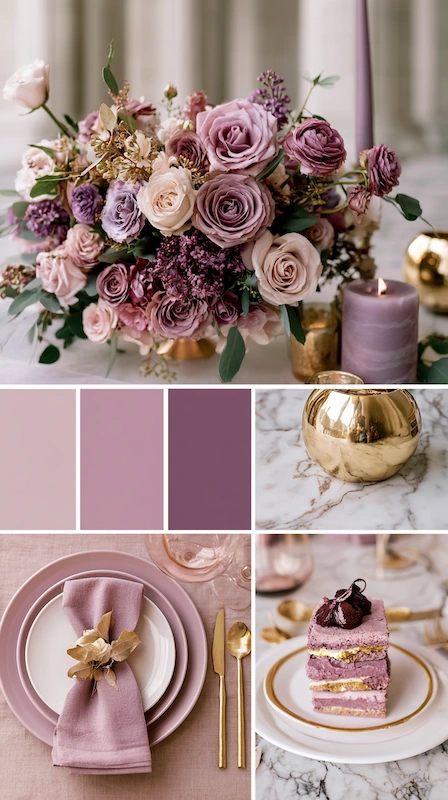 Wedding color palettes: 25 combinations that actually work 20 Mauve and dusty purple wedding palette with romantic roses, gold accents, blush tablescape, and lavender cake