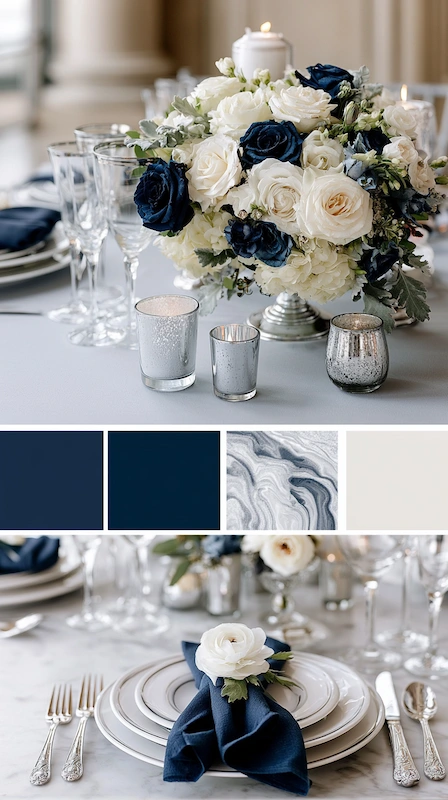 Wedding color palettes: 25 combinations that actually work 25 Midnight blue and silver wedding palette with ivory roses, marble accents, candlelight, and elegant navy linens