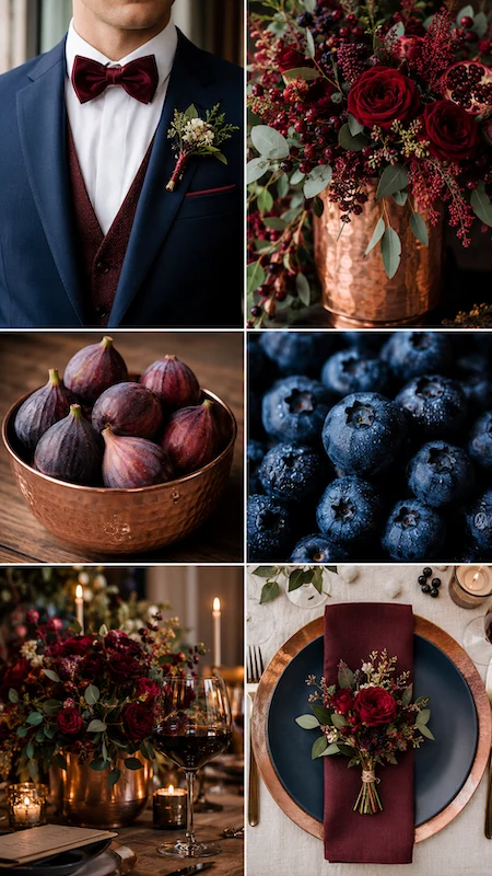 Wedding color palettes: 25 combinations that actually work 15 Moody burgundy wedding inspiration board with navy tuxedo, copper florals, figs, blueberries, and candlelit décor