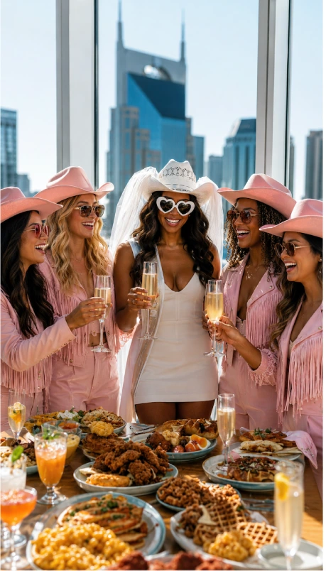 Stop Winging Your Nashville Bachelorette Party: Here's What to Plan First 8 Bride and bridesmaids in pink cowgirl outfits enjoy a Nashville brunch with champagne, skyline views, and southern food