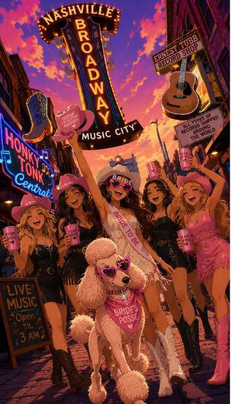 Stop Winging Your Nashville Bachelorette Party: Here's What to Plan First 4 Animated Nashville Broadway bachelorette party with bride squad, pink cowgirl hats, neon signs, and poodle at sunset