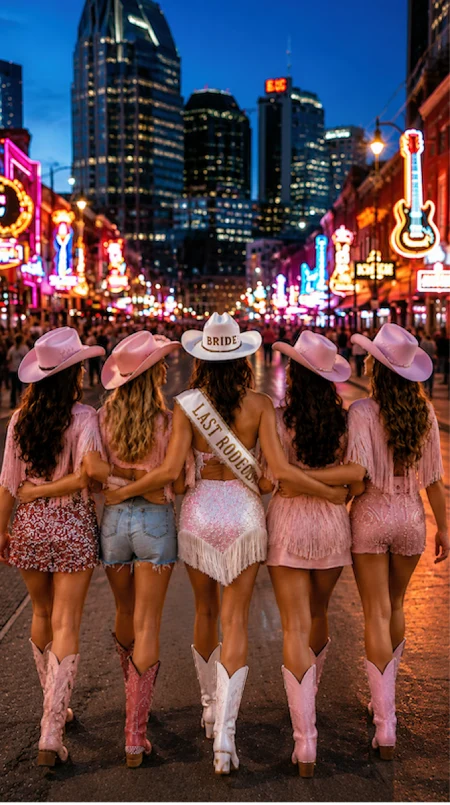 Stop Winging Your Nashville Bachelorette Party: Here's What to Plan First 2 Five women in pink cowgirl hats and boots walk down Nashville Broadway at night, celebrating a bachelorette party weekend