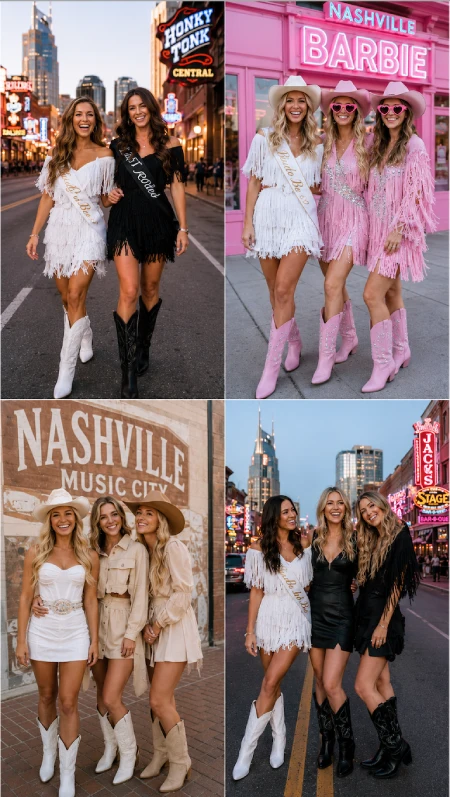 Stop Winging Your Nashville Bachelorette Party: Here's What to Plan First 6 Four Nashville bachelorette outfit ideas featuring fringe dresses, cowboy boots, bride sashes, and Broadway nightlife backdrops