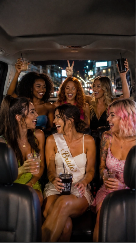 Stop Winging Your Nashville Bachelorette Party: Here's What to Plan First 7 Bride and friends ride through Nashville at night in a party van, laughing with drinks during a lively bachelorette weekend
