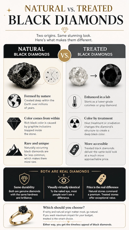 Infographic comparing natural vs treated black diamonds, including origin, color formation, rarity, and pricing to support Black Diamond Wedding Rings for Men buyer education and help grooms understand the real differences before purchasing.