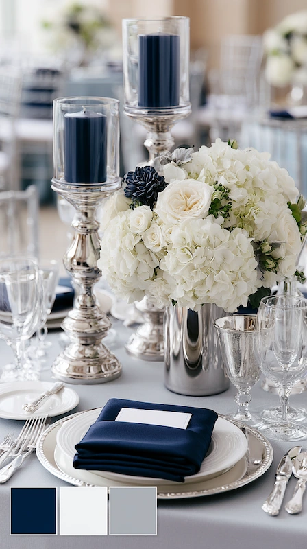 Wedding color palettes: 25 combinations that actually work 2 Navy blue and silver wedding tablescape with white hydrangeas, crystal glassware, and elegant candlelit décor representing a modern spin on wedding color palettes