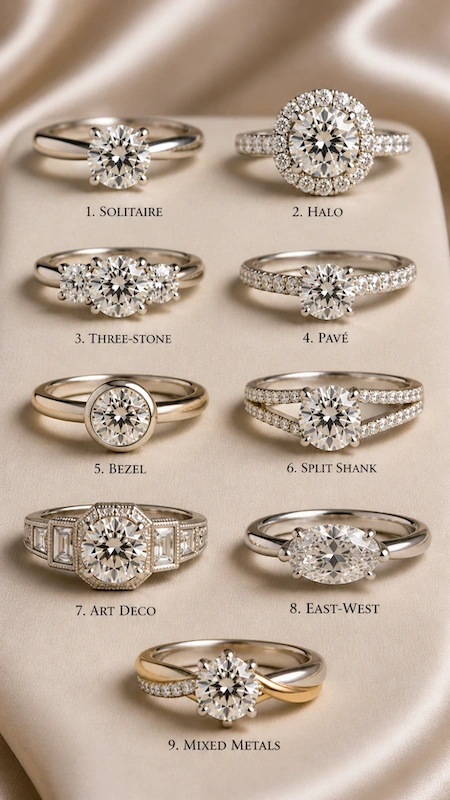 Nine diamond popular engagement rings styles including solitaire halo three stone pave bezel split shank art deco east west mixed metals