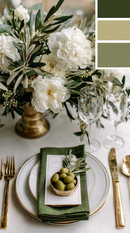 Wedding color palettes: 25 combinations that actually work 10 Olive green and ivory wedding tablescape with peonies, gold flatware, crystal glasses, and Mediterranean details