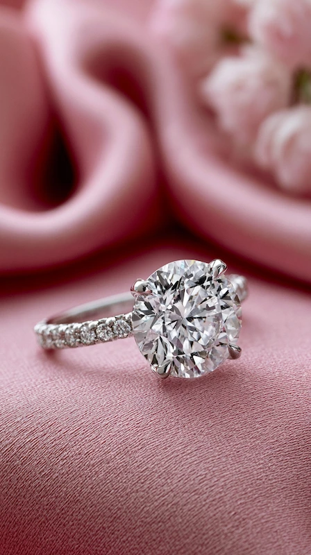 Oval diamond engagement ring with pavé band on soft pink fabric, close-up with blurred blush florals and elegant styling
