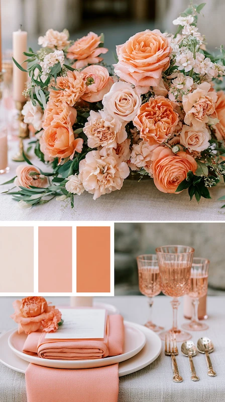 Wedding color palettes: 25 combinations that actually work 17 Peach and champagne wedding palette with coral florals, blush napkins, crystal stemware, and romantic styling