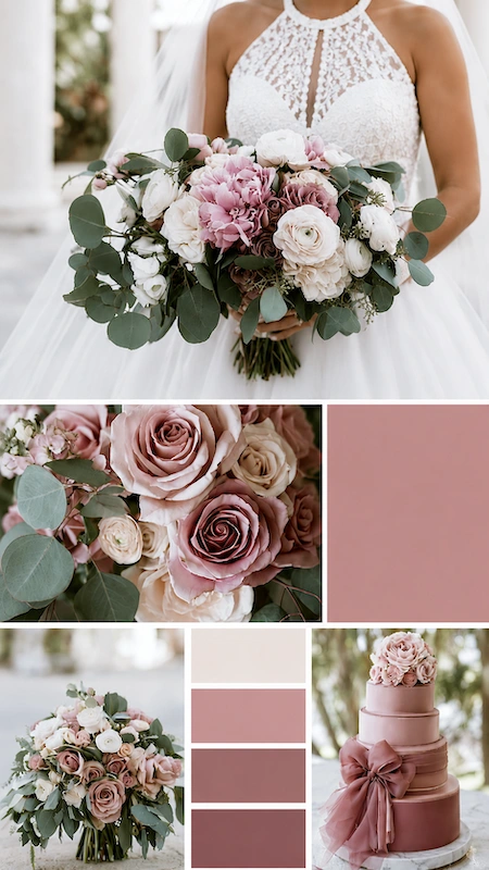 Wedding color palettes: 25 combinations that actually work 18 Romantic blush wedding inspiration board with bridal bouquet, dusty rose florals, mauve cake, and soft greenery