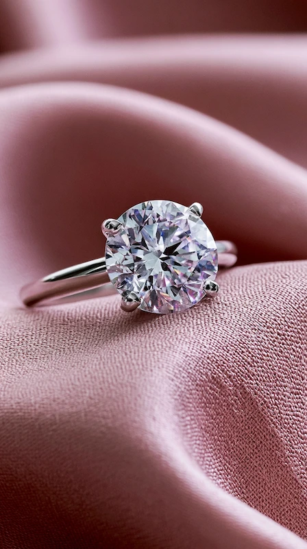 Round brilliant solitaire diamond engagement ring on blush pink satin fabric, close-up with soft lighting and elegant folds