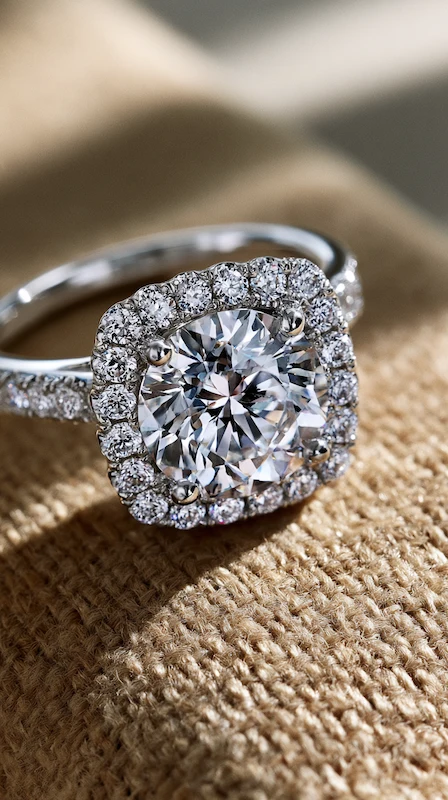 Round diamond halo engagement ring with pavé band on textured beige fabric, close-up showcasing sparkle and detailed setting