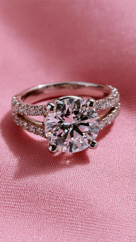 Round diamond split shank engagement ring with pavé band on pink fabric, close-up highlighting sparkle and elegant design
