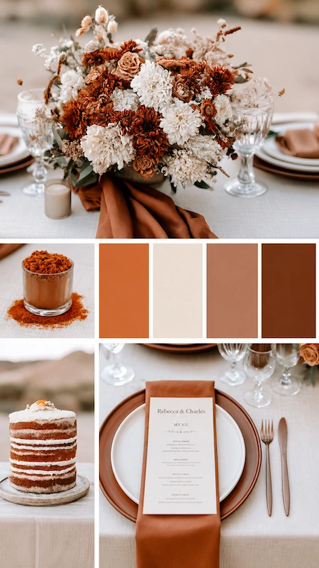 Wedding color palettes: 25 combinations that actually work 21 Rust and terracotta wedding palette with dried florals, caramel linens, layered cake, and warm autumn tablescape