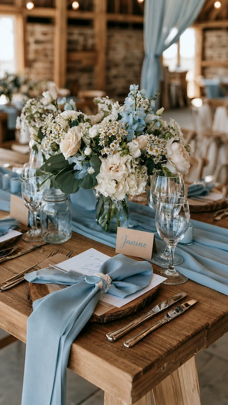 Rustic wedding reception table with dusty blue napkins, white florals, wooden tables, and elegant barn décor