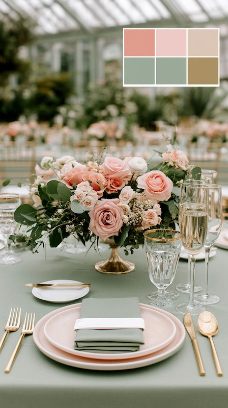 Wedding color palettes: 25 combinations that actually work 6 Sage green and dusty rose wedding tablescape with blush florals, gold flatware, and greenhouse elegance