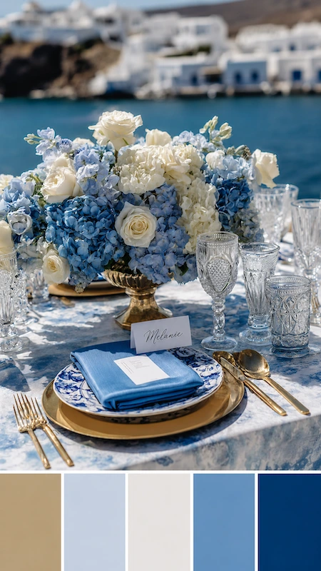Wedding color palettes: 25 combinations that actually work 13 Elegant Santorini wedding table with blue hydrangeas, gold chargers, crystal glassware, and coastal ocean backdrop