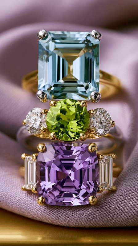 Stacked gemstone rings with aquamarine, peridot, and amethyst on soft mauve fabric, featuring gold settings and mixed cuts