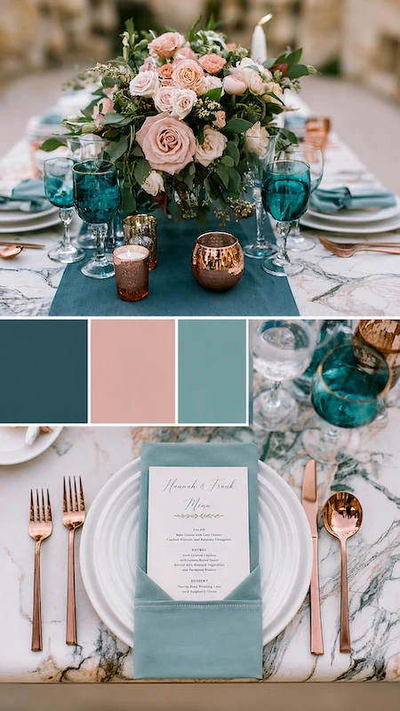 Wedding color palettes: 25 combinations that actually work 22 Teal and blush wedding tablescape with marble details, rose gold flatware, romantic florals, and elegant menus