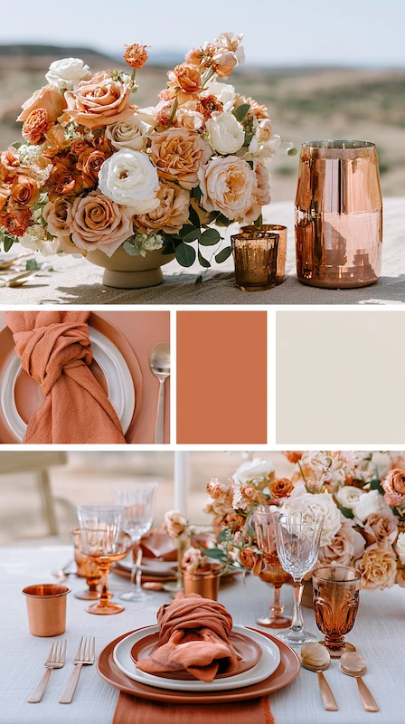 Wedding color palettes: 25 combinations that actually work 7 Terracotta and cream wedding tablescape with copper accents, blush florals, and knotted napkins in warm sunlight