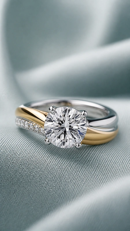 Two tone white and yellow gold diamond engagement ring with round center and pavé detail on soft blue fabric backdrop