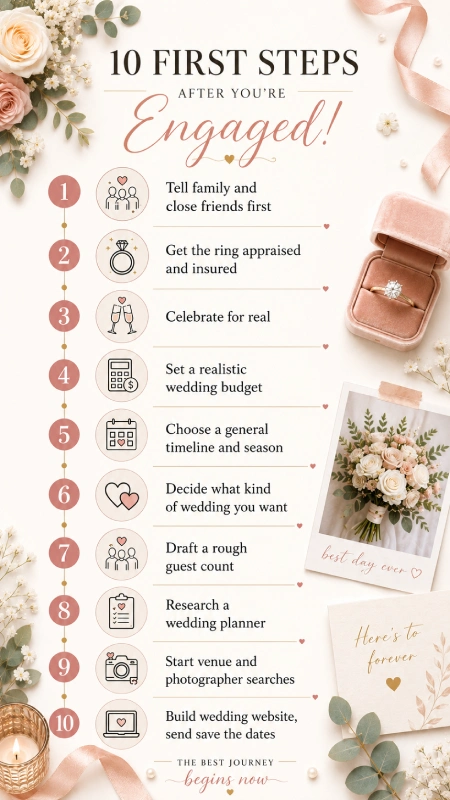 What to Do First After Getting Engaged (Complete Checklist) 1 Wedding infographic showing 10 first steps after getting engaged with checklist icons, florals, ring box, and decor.