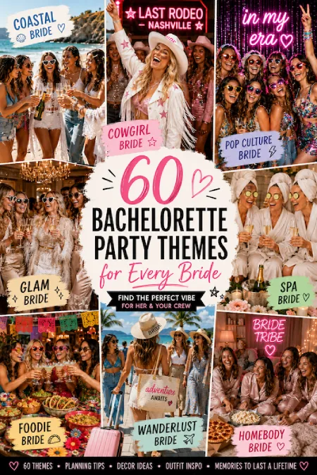 Collage of bachelorette party themes featuring coastal, cowgirl, spa, foodie, glam, pop culture, and travel-inspired brides.