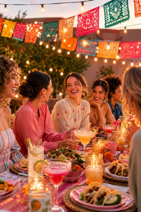Friends gather for a festive outdoor dinner with colorful décor, cocktails, and laughter during a bridal celebration.
