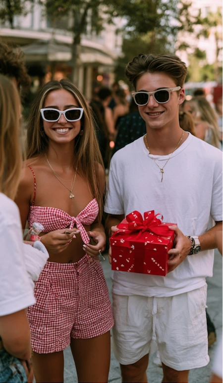 What to Do First After Getting Engaged (Complete Checklist) 11 Young couple celebrating engagement with friends, holding a gift and smiling outdoors during an engagement party gathering