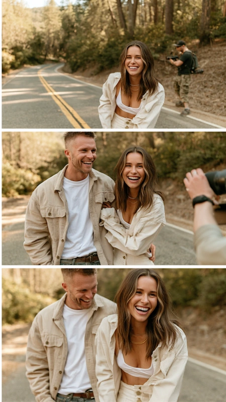 What to Do First After Getting Engaged (Complete Checklist) 10 Couple laughing during engagement photo session outdoors while photographer captures candid moments on a scenic road