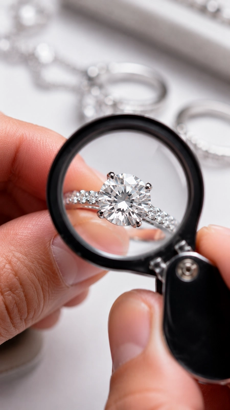What to Do First After Getting Engaged (Complete Checklist) 3 Jeweler's loupe examining a round diamond engagement ring, highlighting sparkle, cut quality, and fine details.