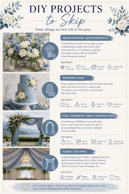 DIY wedding projects to skip infographic with floral arranging, cake, ceremony arch, and fabric draping expert advice.