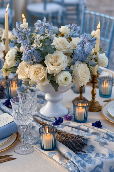 Dusty blue and ivory wedding centerpiece with roses, delphiniums, taper candles, blue votives, and elegant reception table.