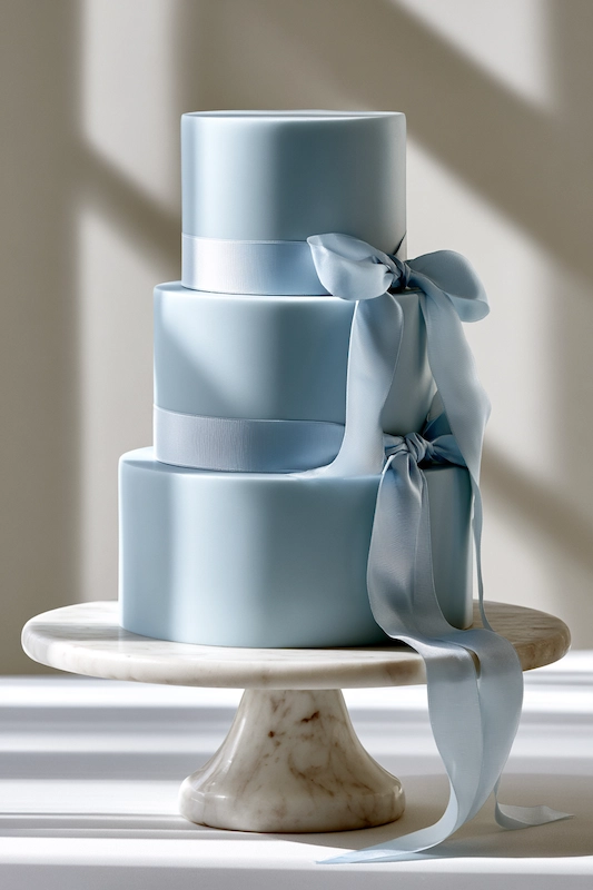 Three-tier dusty blue wedding cake with flowing satin ribbons on a white marble pedestal, styled in soft editorial light.