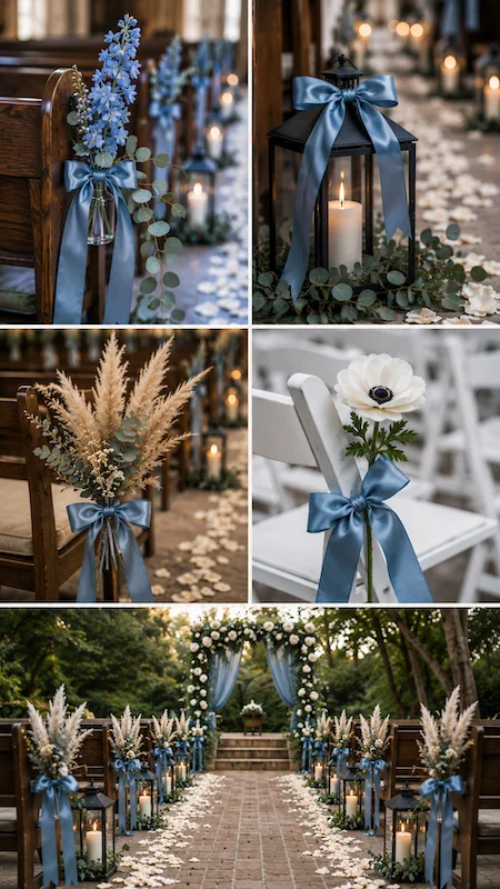 Dusty blue wedding aisle markers with ribbon bows, lanterns, florals, pampas grass, and elegant outdoor ceremony inspiration.