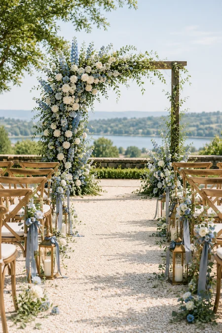 Dusty blue wedding ceremony arch with white roses, wooden chairs, ribbon accents, and a scenic waterfront backdrop outdoors.