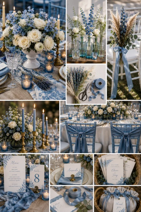 Dusty blue wedding decor collage featuring centerpieces, candles, florals, invitations, signage, ribbons, and reception ideas.