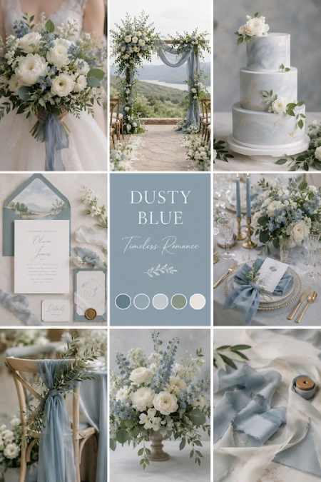 Dusty blue wedding inspiration mood board featuring bouquet, ceremony arch, cake, invitations, tablescape, florals, and ribbons.