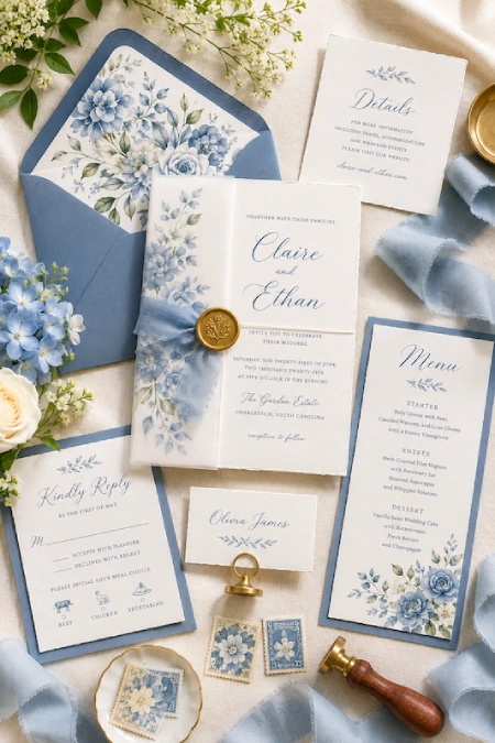 Dusty blue wedding invitation suite with floral envelopes, RSVP card, menu, wax seal, ribbon, stamps, and place card flat lay.