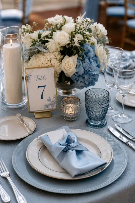 Dusty blue wedding table setting with layered plates, satin napkin, blue hydrangeas, white roses, candlelight, and table 7.