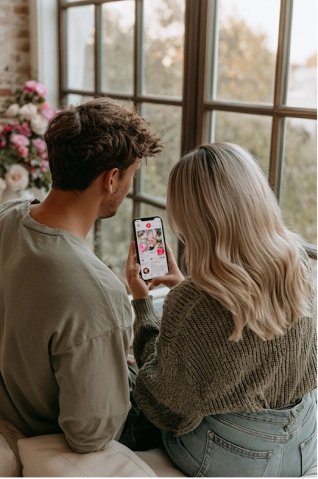 Why Weddings Go Over Budget (And Exactly Where the Money Goes) 5 Engaged couple browsing wedding inspiration on a smartphone together by a window, researching ideas and details.