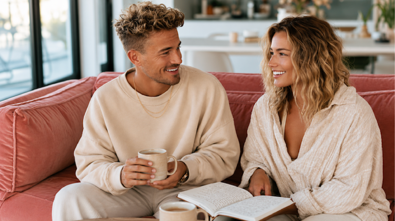 Engaged couple relax on a sofa discussing wedding plans over coffee while reviewing notes together at home