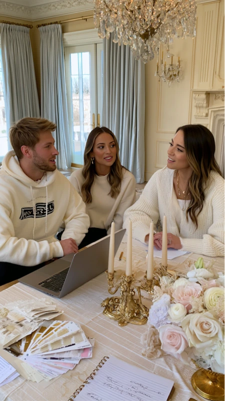 What to Do First After Getting Engaged (Complete Checklist) 8 Engaged couple meeting with wedding planner to review design ideas, color palettes, florals, and event details together
