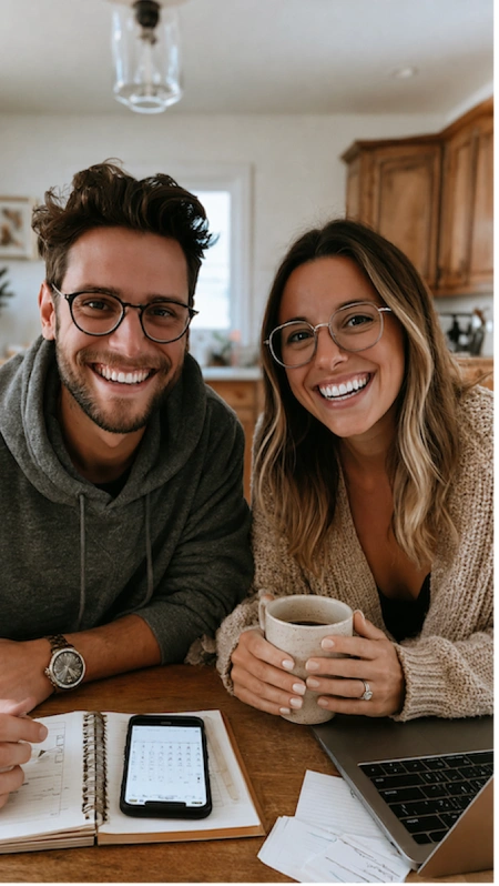 What to Do First After Getting Engaged (Complete Checklist) 5 Smiling engaged couple planning their wedding at home with laptop, coffee, notebook, and budget notes on the table