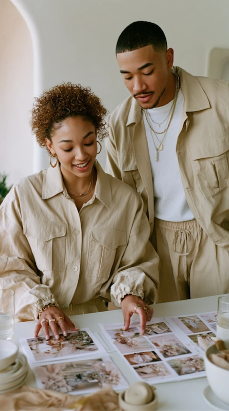 What to Do First After Getting Engaged (Complete Checklist) 6 Engaged couple reviewing wedding inspiration photos and planning ideas together, comparing styles and visual details
